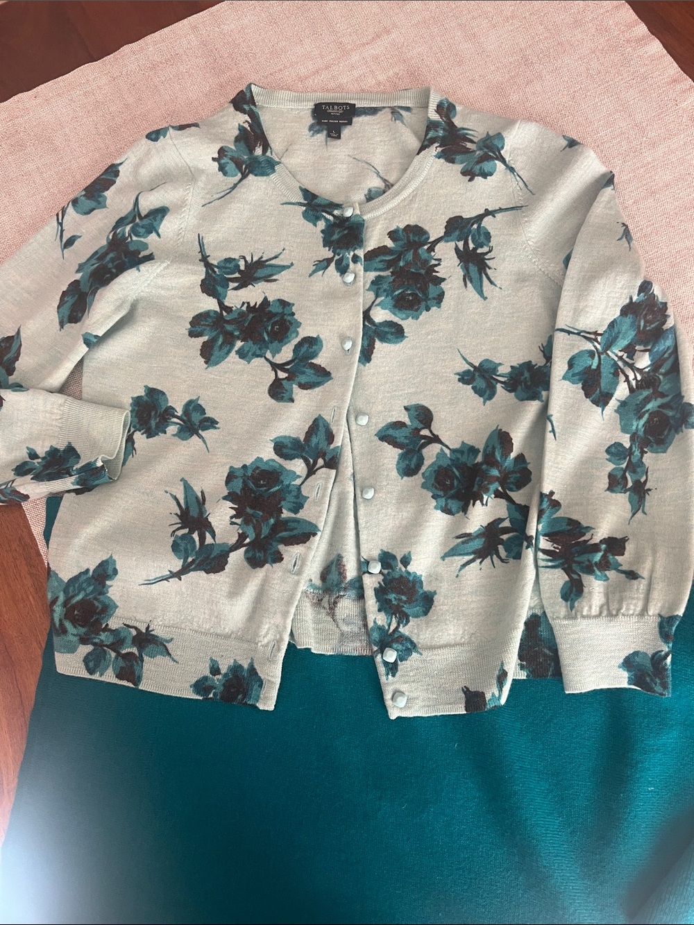 Talbots Cream Cardigan with Teal Floral Print